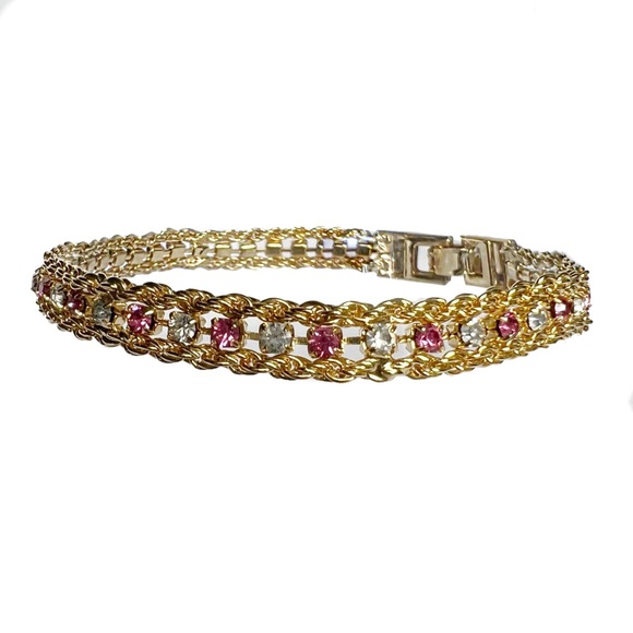 FANCY Pink Crystal and White Zirconias 10K Yellow Gold Plated Tennis Bracelet - Picture 1 of 9